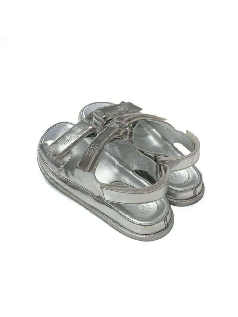 Chanel Sandals Shoes Leather Silver Coco Mark Velcro - Picture 4 of 10